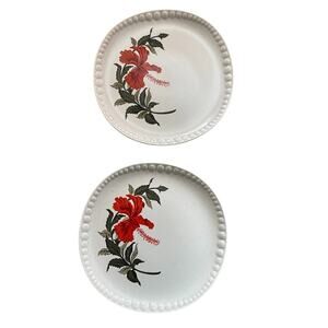 Crooksville China Company Vintage Set of Two Flamingo Red Hibiscus Dinner Plates